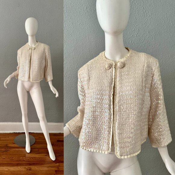 Vintage 50s 60s White Sequin Crop Bolero Evening Party Jacket Top L/XL - Picture 1 of 13